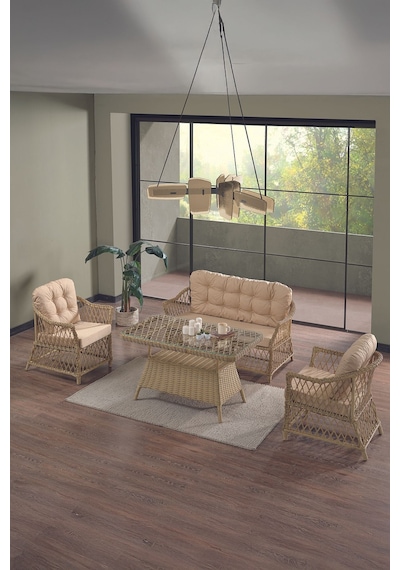 Icon Rattan Bahçe Balkon Oturma Takımı 2+1+1+camlı Masa Cappuccino Cappuccino