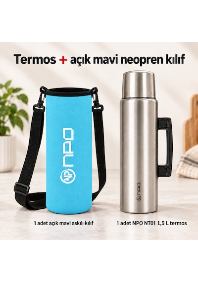 Npo Nt01 2 Katman Vakum Teknolojili 24 Hsıcak 48hsoğuk 72hbuzlu Koruma Çelik Termos Turkuaz Kılıflı