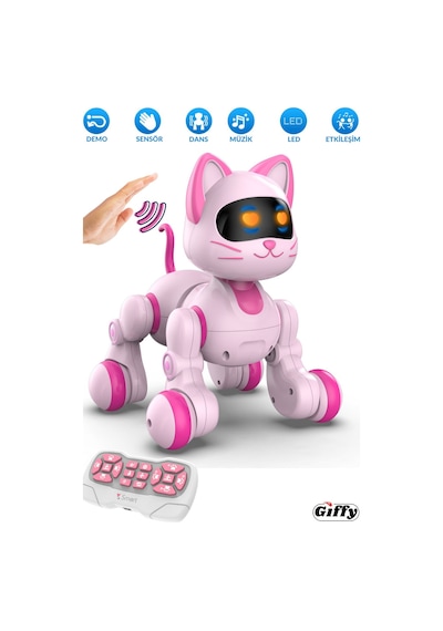 Oyuncak Full Fonksiyon Uzaktan Kumandalı El Sensörlü Şarjlı Işıklı Müzikli Dansçı Robot Kedi Pembe