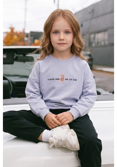 Fullamoda Ayıcık Baskılı Oversize Kız Çocuk Sweatshirt Gri