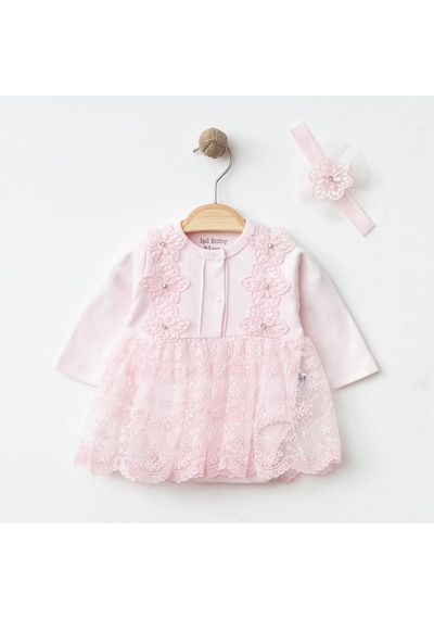 Işıl Baby Dantelli Çiçek Aplikeli Kız Bebek Body Takım Taçlı Pembe