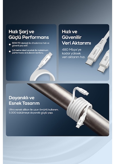 Type-c To Type-c Hızlı Şarj Kablosu 60w Pd, Ultra Esnek Silikon, 480mbps, 1.2m Beyaz-v0201015
