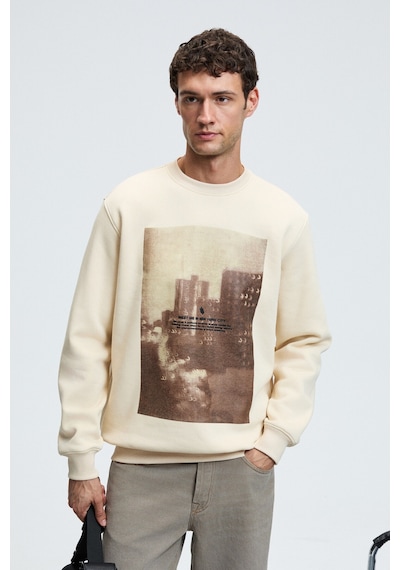 Grımelange ALARIC Erkek Yuvarlak Yaka Önü Baskılı Regular Fit Ekru Sweatshirt