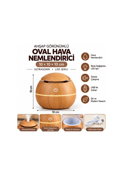 Ahşap Görünümlü Ultrasonik Hava Nemlendirici Aroma Difüzör Led Işıklı Usb Oval Açık Kahve