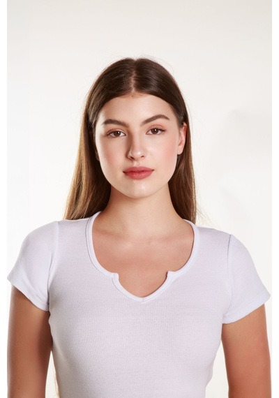 Mea Capio Kadın Basic Fitilli Likralı V Yaka Kollu Tshirt Atlet Bluz Beyaz