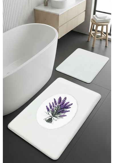 Lavmore 2li Nakışlı Peluş Banyo Paspası 60x100 50x60 Cm Ekru
