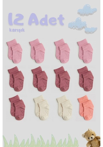 Cnt Erkek / Kız Bebek Kaydırmaz Taban Pamuklu Yumuşak Çorap 12 Li Paket Karışık2 Karışık2