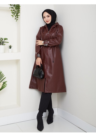 Hb Harma Time Butik Kadın Kapüşonlu Fermuarlı Şardonlu Deri Bordo Kap