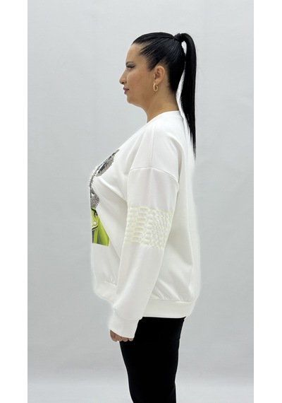 Büyük Beden Ayıcık Grafikli Taşlı İnci Detaylı Uzun Kollu Oversize Kadın Sweat Beyaz