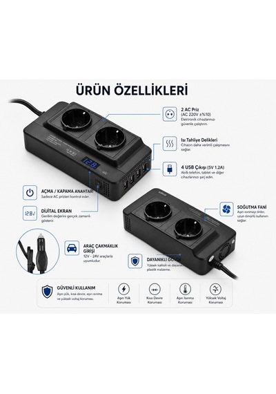 400w 2 Ac Çıkışlı 4 Usb Portu Araç Güç Dönüştürücü Araçtan Priz Gücüne 1