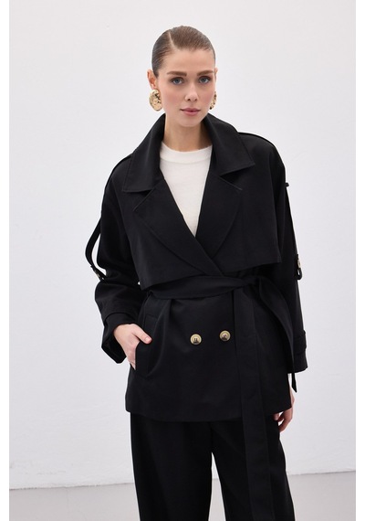 Sateen Kısa Trençkot - Siyah-136635 Siyah