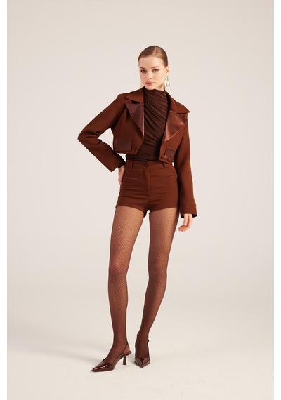 Holly Lolly Yakası Saten Detaylı Camila Crop Blazer Ceket Kahve