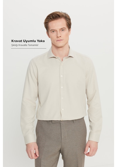 AC&Co / Altınyıldız Classics ERKEK BEJ Kolay Ütülenebilir Slim Fit Dar Kesim İtalyan Yaka Armürlü Gömlek Bej