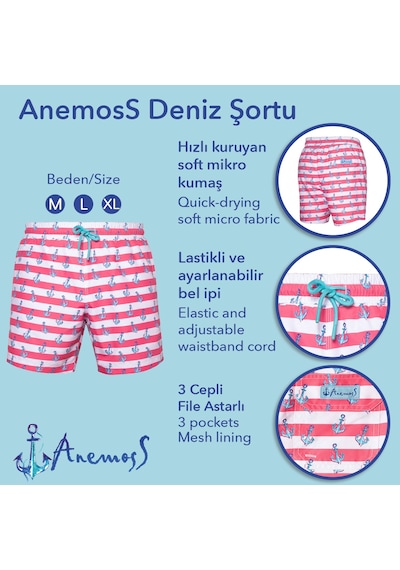 Anemoss Çapa Üç Cepli İçi Fileli Bel Lastik Ve Bağlama İpli Erkek Deniz Şortu Çok Renkli