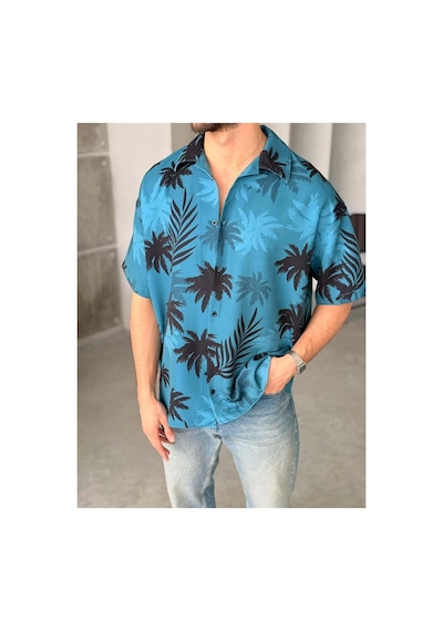 More Black Blue Palm Desenli Dubble Hürrem Kumaş Oversize Gömlek Çok Renkli