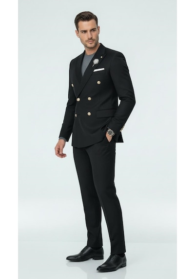 Erkek Kruvaze Gold Düğmeli Dokulu Likralı Kumaş Blazer Ceket Modern Kesim Şık Tasarım Siyah