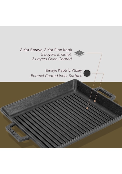 Metal Kulplu Döküm Izgara Tava, 26x32 Cm, Siyah Belirtilmemiş