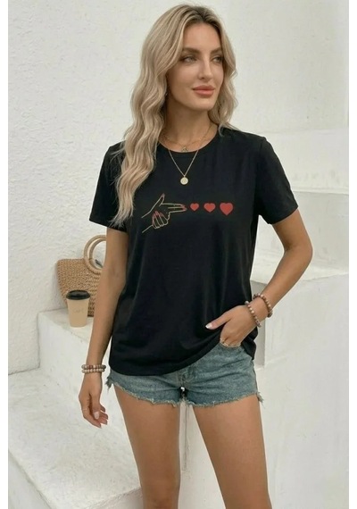 Hazego Minimal Kalp İşaret Baskılı Tişört Kısa Kol Yazlık T-shirt - Siyah