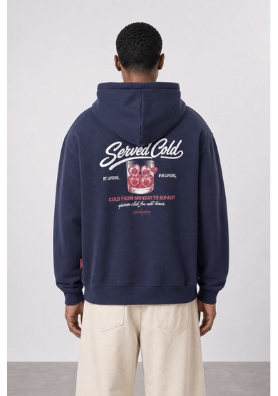 Respire Erkek Served Cold Baskılı Oversize Hoodie Lacivert