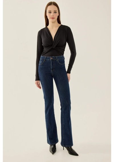 Hiccup V Yaka Uzun Kollu Slim Fit Bodysuit Siyah