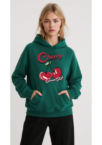 Uyguntarz Unisex Sweet Girl Cherry Baskılı Tasarım Oversize Sweatshirt Yeşil