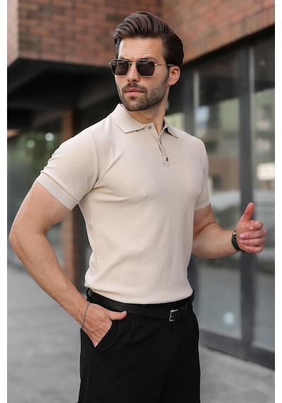Madmext Taş Rengi Çıt Kapamalı Polo Yaka Triko Erkek Tişört E7493