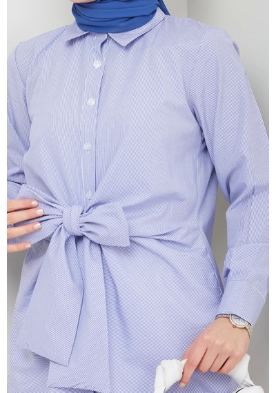 Çizgili Poplin Bağlamalı Gömlek - Mavi / Ü103 Mavi
