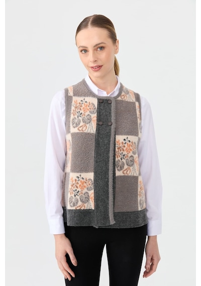 Desen Triko Kadın Sıfır Yaka Patchwork Arkası Keçe Kısa Yün Yelek 24074 Füme Füme