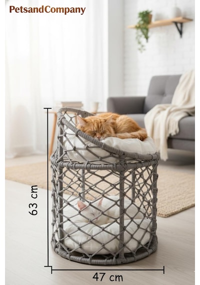 Lüks İki Katlı Kedi Evi, El Yapımı Özel Tasarım Örgü Kedi Yatağı, Modern Kedi Kulübesi Gri