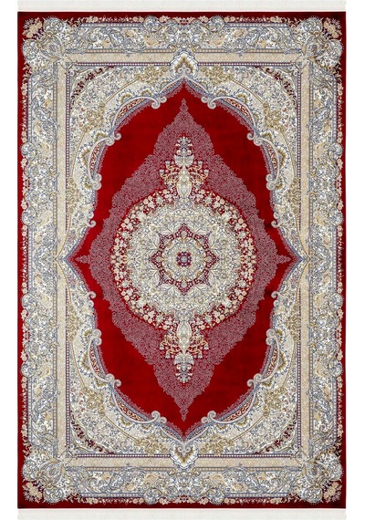 Enti Herat 2805 Kırmızı Klasik Salon Halısı Çerçeveli Göbekli Parlak Dokuma Lüks Vintage Halı Kırmızı