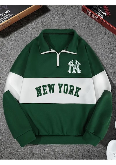 Altamira Unisex Yeşil New York Baskılı Oversize Parçalı Polo Yaka Fermuarlı Sweatshirt 001