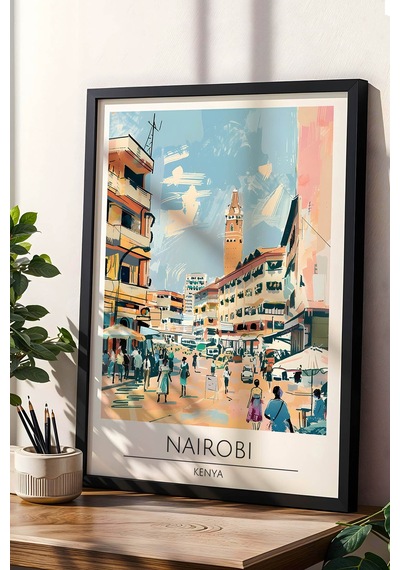 Kenya Nairobi Temalı Çerçeveli Tablo Travel Serisi Modern İllüstrasyon Şehir Duvar Dekoru Siyah