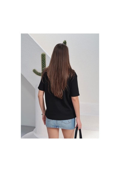 Paw Garage Kadın Massi İnterlok Kumaş V Yaka Oversize T-shirt SIYAH