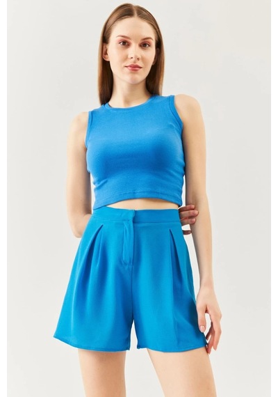 Butikgiz Kadın Sıfır Kol Bisiklet Yaka Vücuda Oturan %100 Pamuklu Kaşkorse Esnek Crop Bluz Parlament/indigo