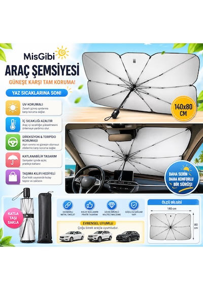 Misgibi Katlanabilir Araç Güneşlik Şemsiyesi 140x80 Cm - Uv Korumalı Ön Cam Güneş Koruyucu Oto Şemsiye - Isı Önleyici Araç Güneşliği 1 adet