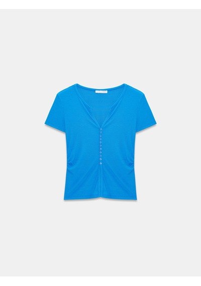 Dilvin 31838 Düğmeli Kısa Kollu Top-saks Saks