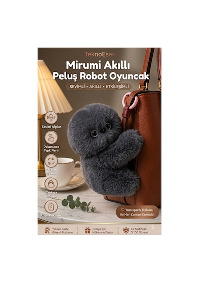 Mirumi Akıllı Peluş Robot Oyuncak - Ses Algılayan Dokunmaya Duyarlı Çantaya Tutunan İnteraktif Peluş Gri