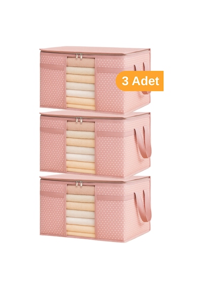 Serstil 3 Adet - Pencereli Kazak Kıyafet Hurcu 45 X 40 X 30 Cm - Pembe Benekli