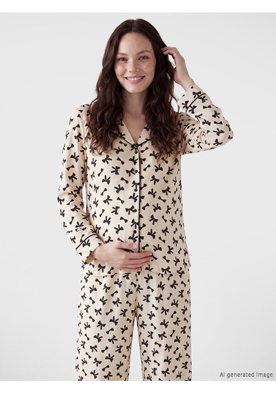 Lcw Dream Bej Gömlek Yaka Fiyonk Baskılı Hamile Pijama Takımı
