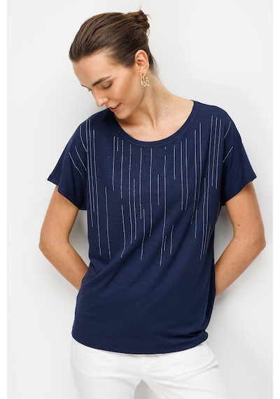 Desen Triko Kadın Sıfır Yaka Su Yolu Taşlı Düşük Kollu Penye T-shirt 26833 Lacivert Lacivert