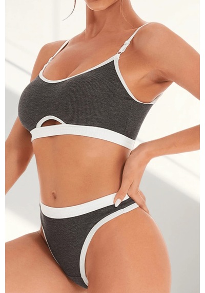 Ang Butik Kadın Gri Antrasit Kaşkorse Ve Beyaz Lastikli Cut-out Tanga Külotlu Takım Antrasit Gri