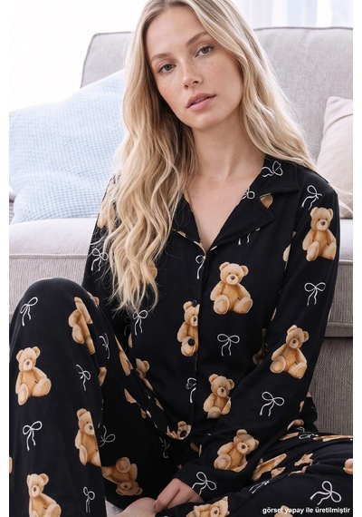 Siyah İnci Siyah Ayıcık Desenli Termal Kumaşlı Ultra Soft Yumuşak Düğmeli Örme Pijama Takımı 26226128