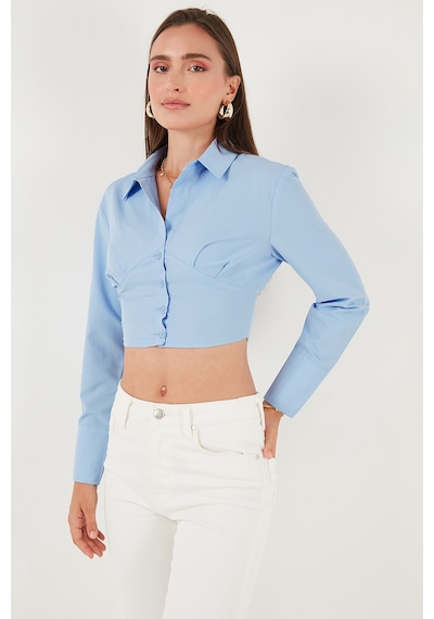 Lela Fitted Fit Pamuklu Korse Detaylı Uzun Kollu Crop Bayan Gömlek 611Go00376 Bebe Mavi