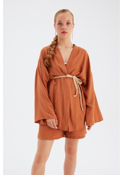 Sateen Kuşak Detaylı Salaş Kimono- Taba