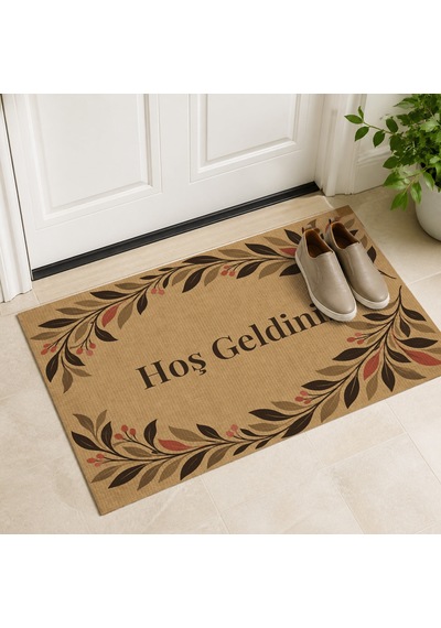 Kartela Halı Hoş Geldiniz Yazılı Yaprak Desenli Kapı Paspası Koko Kaymaz Kauçuk Taban 40x60 Cm