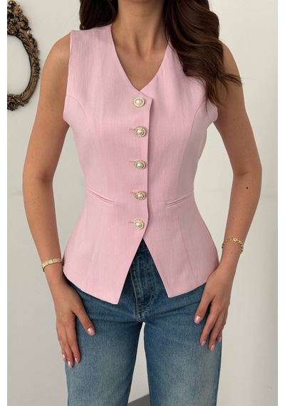 Alemdarshop Pembe Belden Oturtmalı Fleto Detaylı Yelek