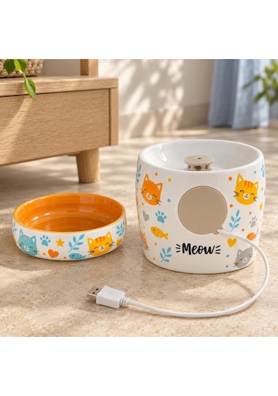 Kedi Porselen Su Pınarı Ve Mama Kabı 2'li Set Otomatik Filtreli Pompalı Seramik Su Sebili, 1.3 L, 600 Ml Kase, Led Işıklı, Sari-kedi