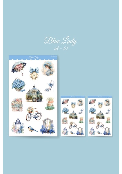 Blue Lady -12 Parçalı - Vintage Mavi Sticker Set -3 Adet- Parlak Kağıt