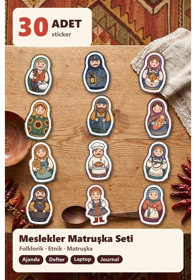 30 Adet Folklorik Matruşka Bebek Sticker Seti - Laptop, Defter, Ajanda Çok Renkli