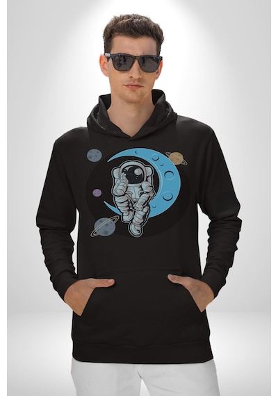 Astronot Uzayda Sıkılmış Kadın Erkek Siyah Kapüşonlu Sweatshirt Hoodie Siyah